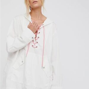 FREE PEOPLE White Oversized Lace Up Hooded Pullover Jacket Size Small